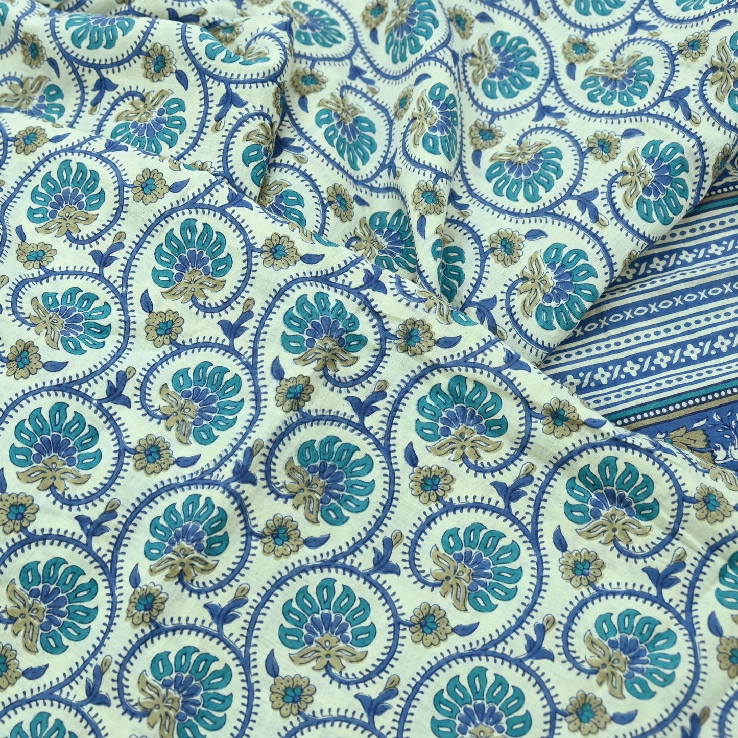 Indian Vintage Sari Blue & Ivory Block Printed Pure Cotton Sarees 5Yd Craft Fabric Sewing Sarong Wrap Boho Upcycle quilting Dress making