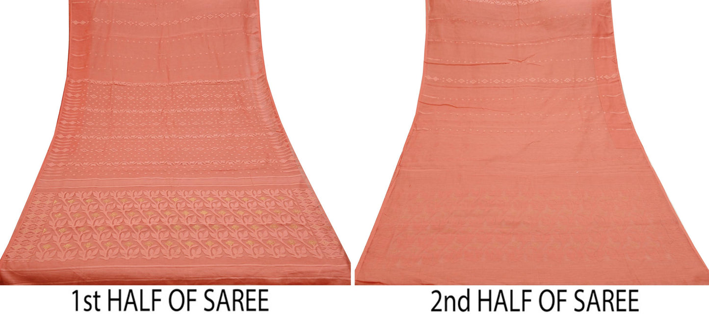 Indian Vintage Sarees Peach Pure Cotton Hand Woven Jamdani Sari 5yd Ethnic Floral Craft Fabric Dress making Upcycle Crafting Quilting