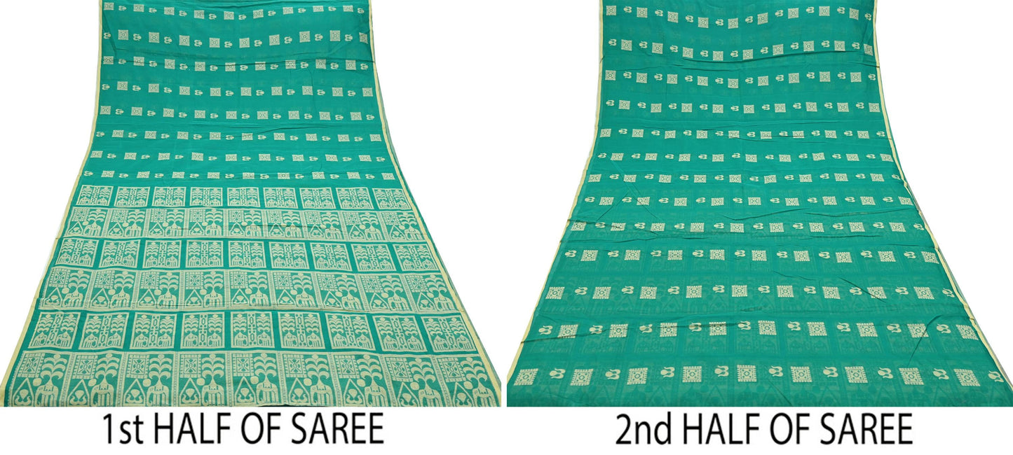 Indian Vintage Sari Green Pure Cotton Hand Woven Sarees Craft Fabric 5yd Ethnic Floral Crafting Upcycle Quilting Dress Making Quilting