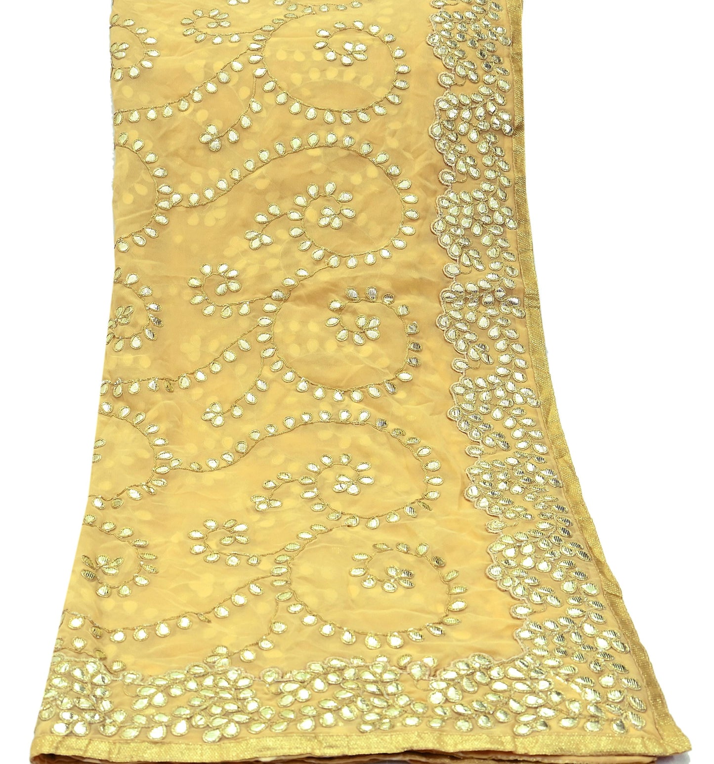 Indian Vintage Heavy Beige Dupatta Pure Georgette Silk Long Stole Hand Embroidered Gota Patti Scarf Zari Veil Wrap