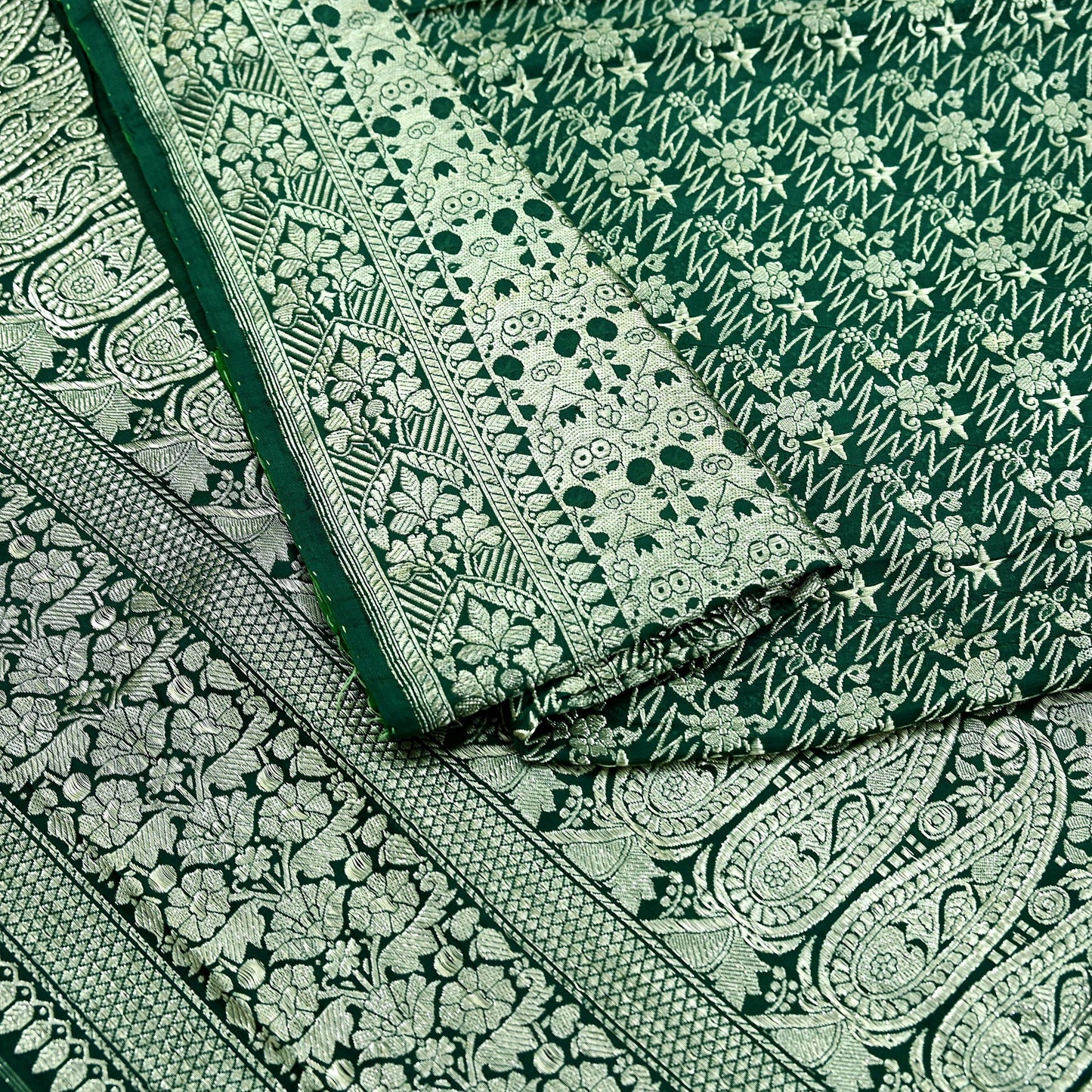Indian Vintage Sari Bottle Green Heavy Wedding Pure Satin Silk Woven Banarasi Sarees Zari 6Yd Craft Fabric Dress making Crafting Quilting