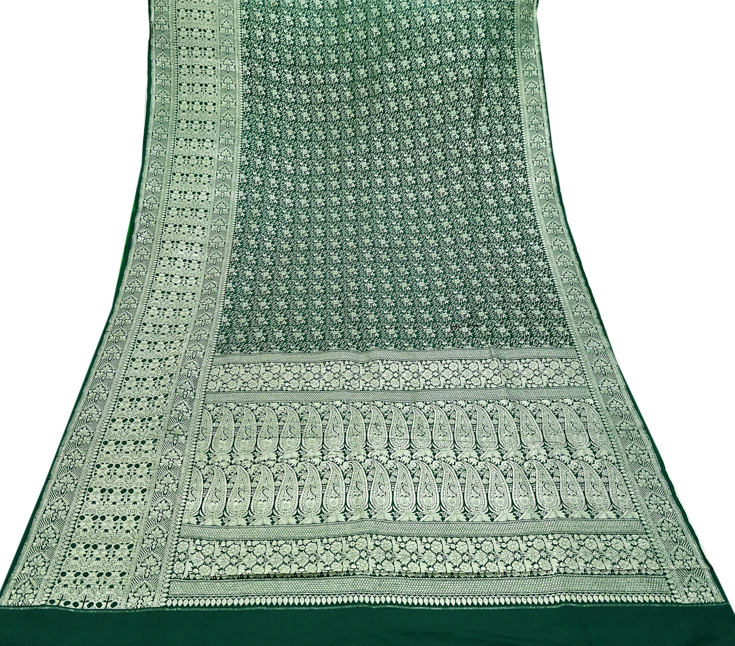 Indian Vintage Sari Bottle Green Heavy Wedding Pure Satin Silk Woven Banarasi Sarees Zari 6Yd Craft Fabric Dress making Crafting Quilting