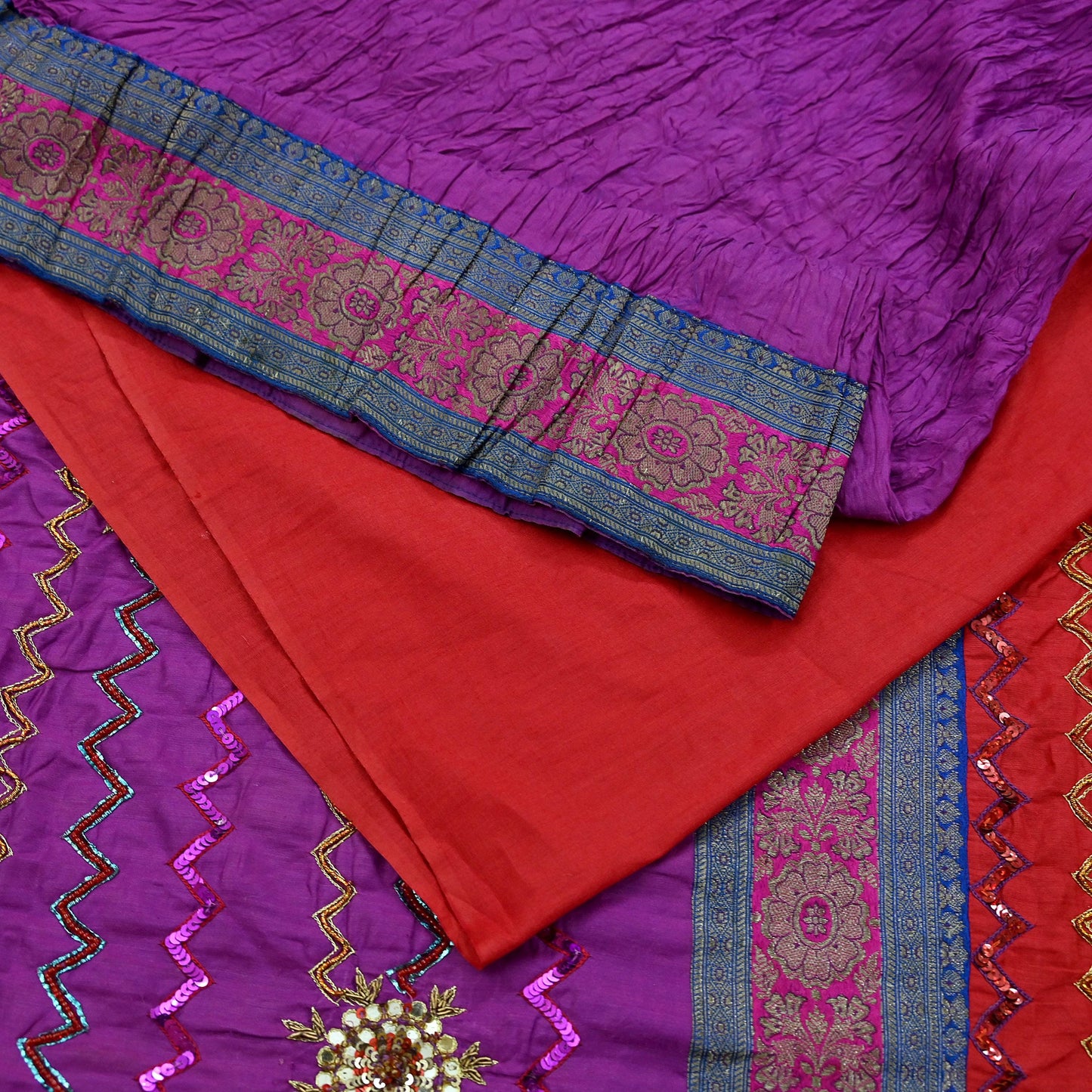 Indian Vintage Heavy Red & Purple Sari Hand Embroidered Sarees Craft Fabric 6Yd Sewing Soft Zardozi/Dabka Wedding/bridal saree