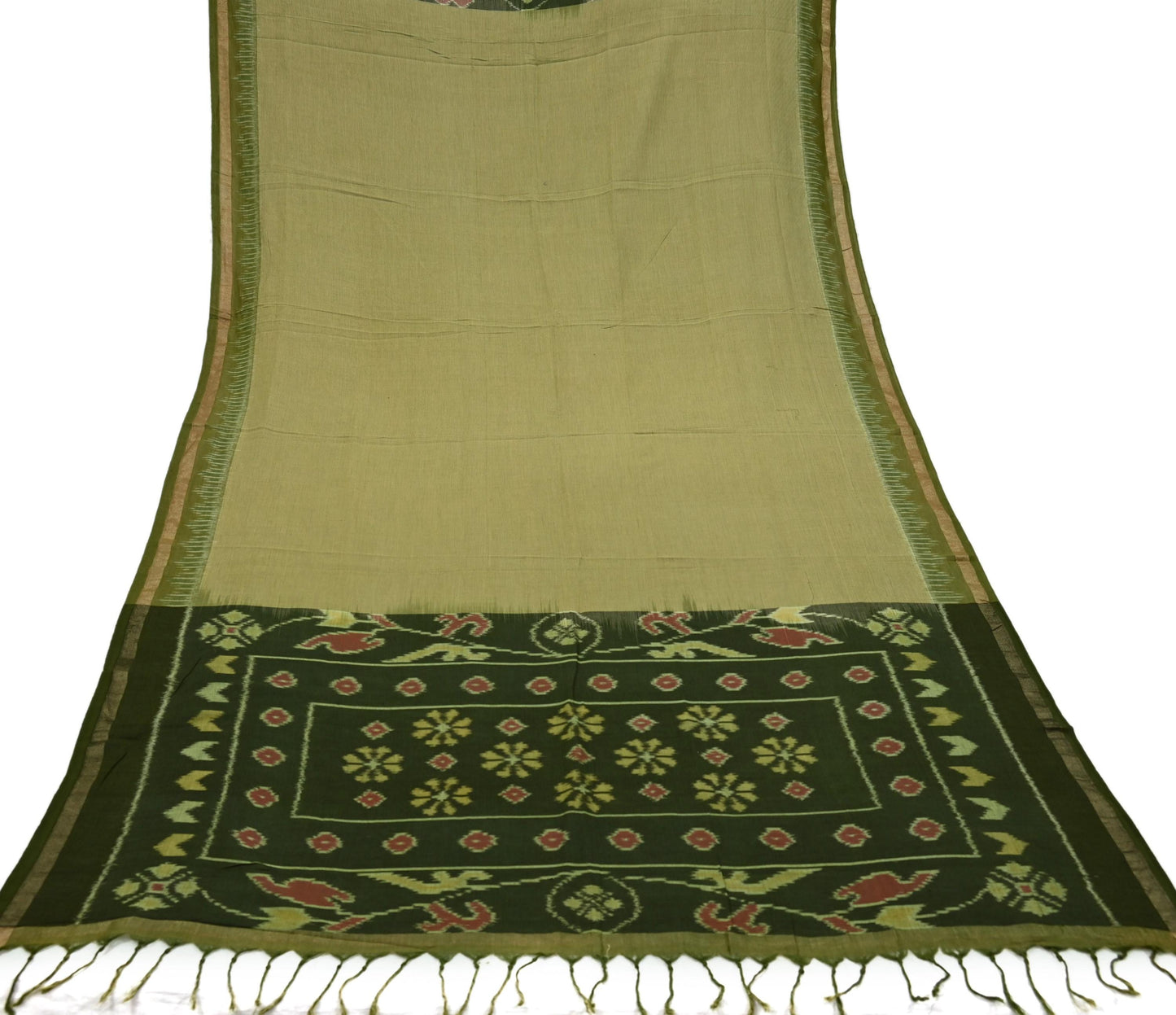 Indian Vintage Dupatta Beige & Green Long Stole Hand woven Sambalpuri Ikat Hijab Pure Cotton Indian Scarves Veil