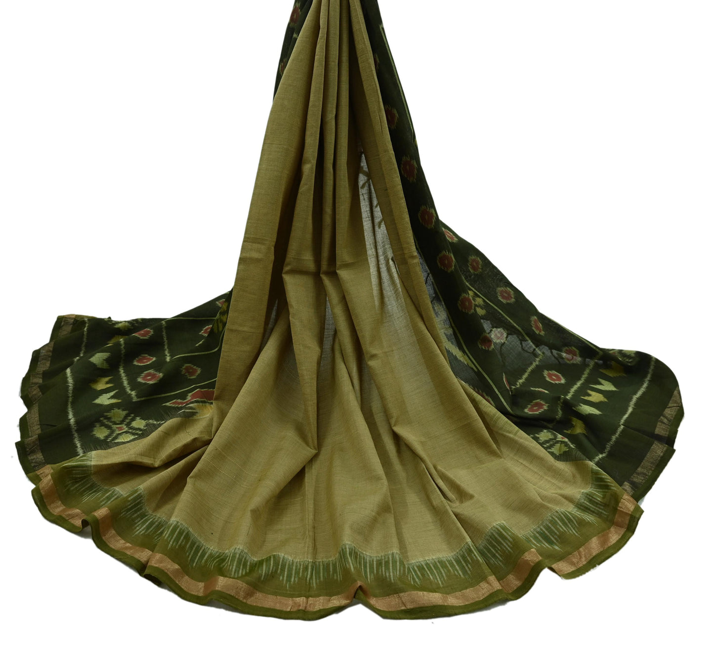 Indian Vintage Dupatta Beige & Green Long Stole Hand woven Sambalpuri Ikat Hijab Pure Cotton Indian Scarves Veil