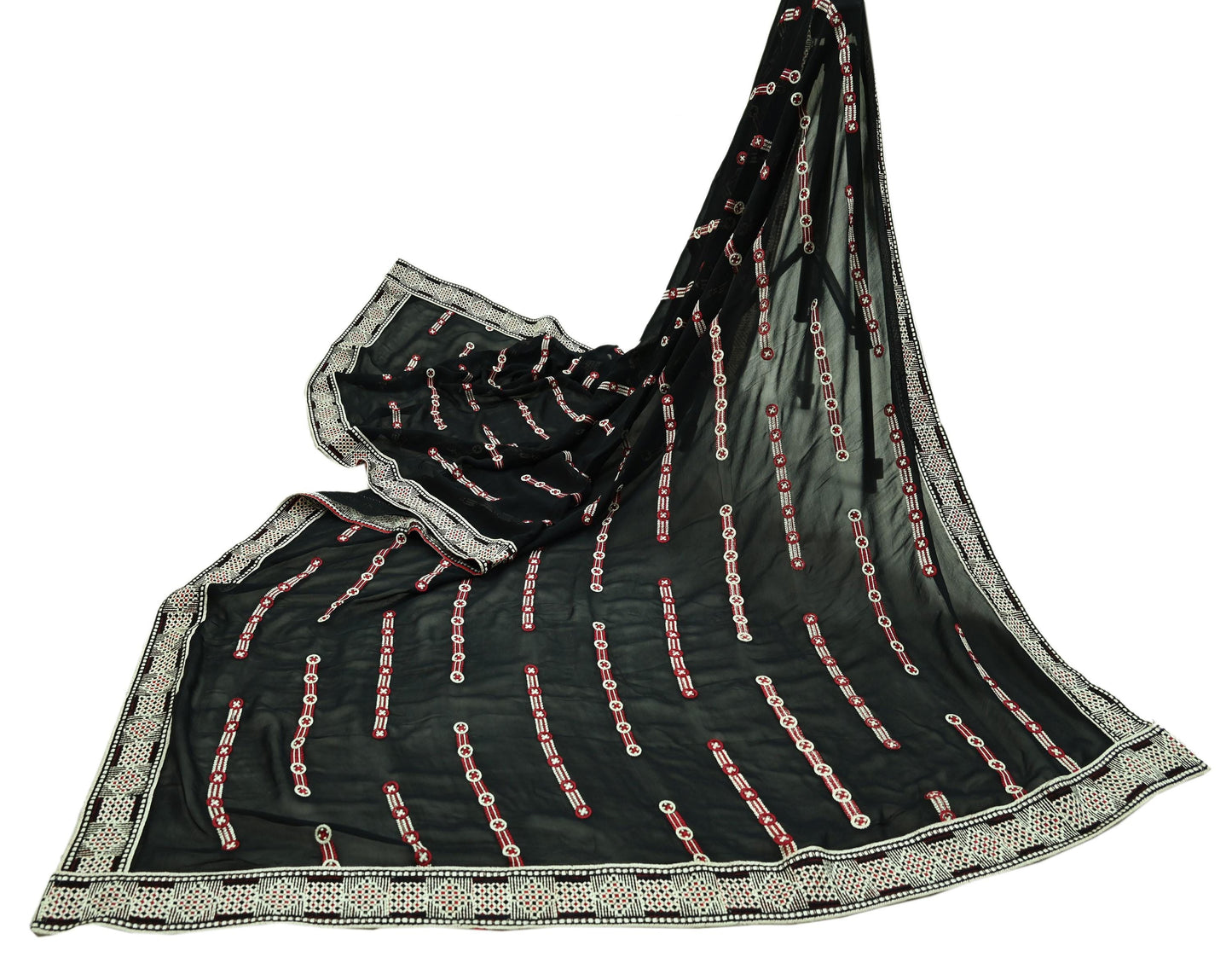 Indian Vintage Dupatta Black Long Stole Blend Georgette Hand Embroidered Phulkari Stole Scarves Party wear