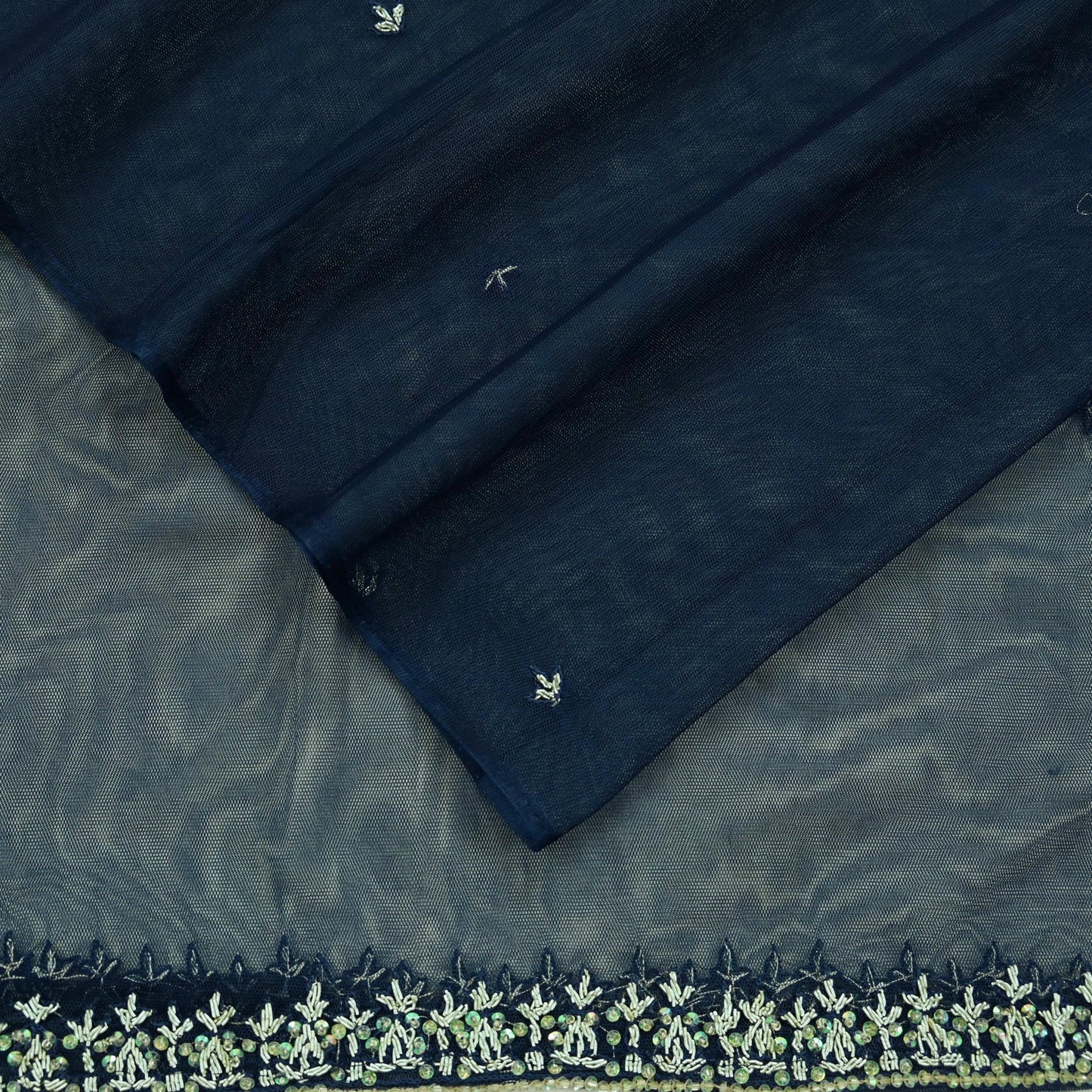 Indian Vintage Heavy Blue Dupatta Net Mesh Long Stole Hand Embroidered Scarves Golden Zardozi Zari Sequins Hijab Veil wrap Boho
