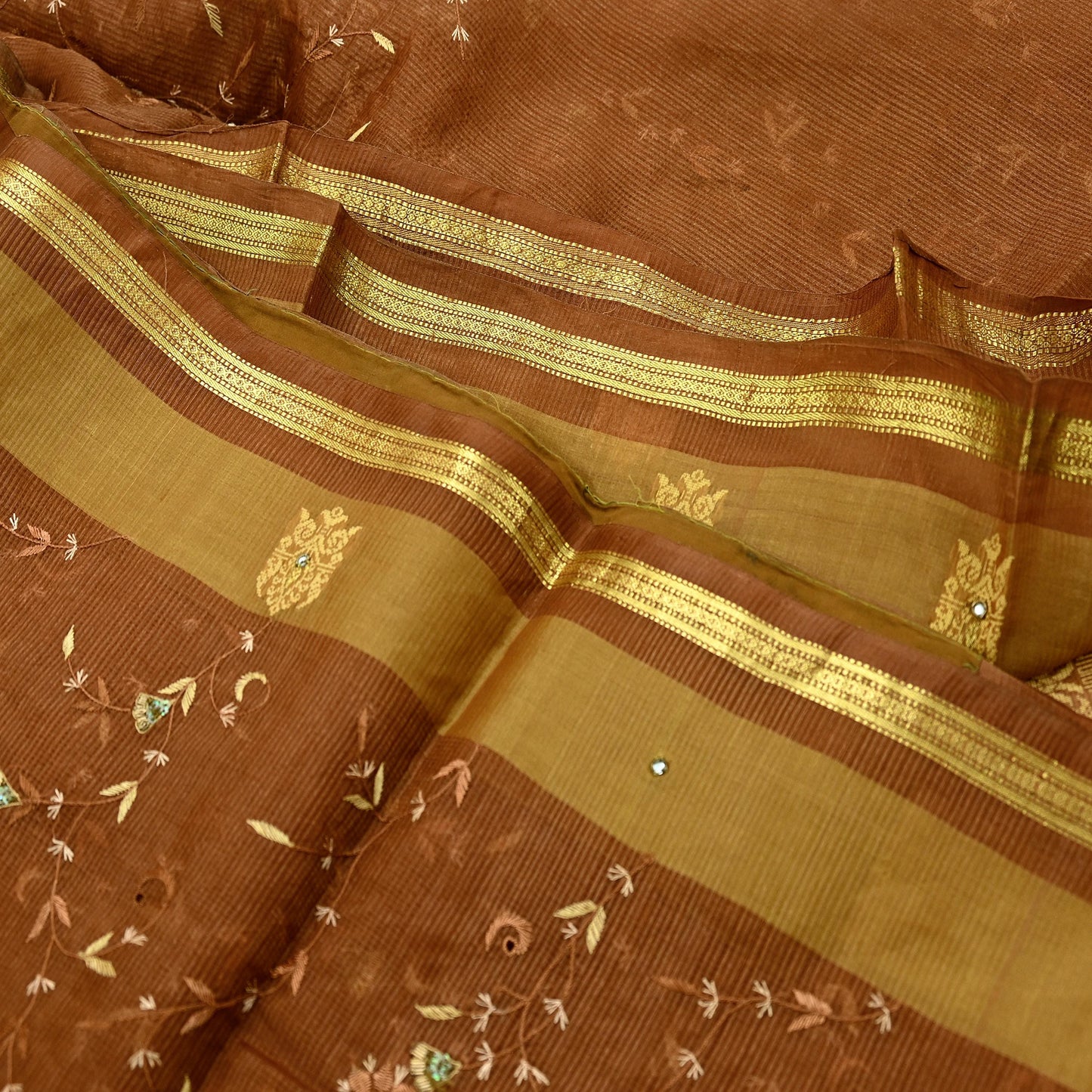 Indian Vintage Sari Brown Hand Woven 100% Pure Silk Saree Craft Fabric 5Yd Dress Making Crafting Quilting Upcycle Zardozi Ethnic