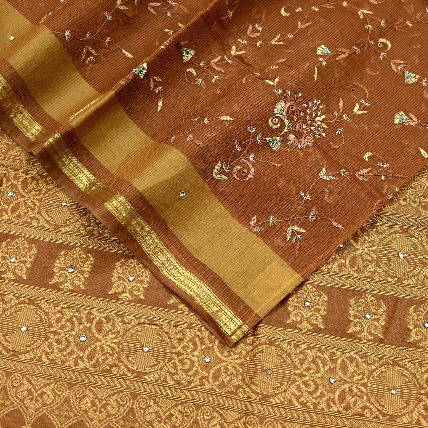 Indian Vintage Sari Brown Hand Woven 100% Pure Silk Saree Craft Fabric 5Yd Dress Making Crafting Quilting Upcycle Zardozi Ethnic
