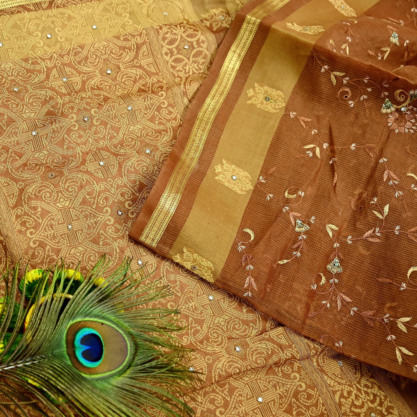 Indian Vintage Sari Brown Hand Woven 100% Pure Silk Saree Craft Fabric 5Yd Dress Making Crafting Quilting Upcycle Zardozi Ethnic