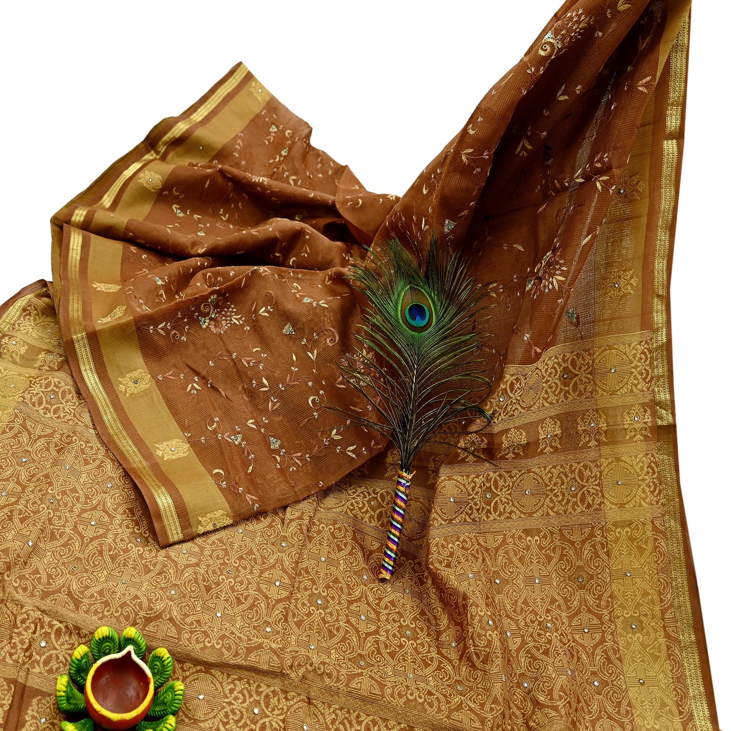 Indian Vintage Sari Brown Hand Woven 100% Pure Silk Saree Craft Fabric 5Yd Dress Making Crafting Quilting Upcycle Zardozi Ethnic