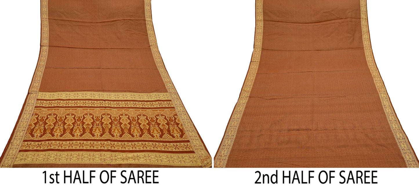 Indian Vintage Sari Brown Hand Woven 100% Pure Organza Silk Saree Craft Fabric 5Yd Dress Making Crafting Quilting Upcycle Fringes