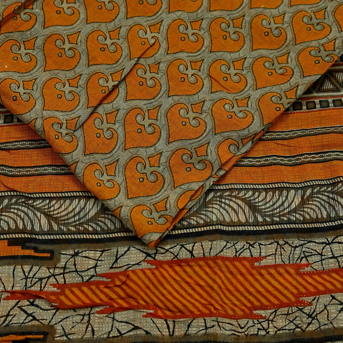 Indian Vintage Brown & Saffron Saree Printed Pure Cotton Indian Sari Craft Fabric 5Yd Soft Sewing Sarong Wrap Boho Floral Dress making