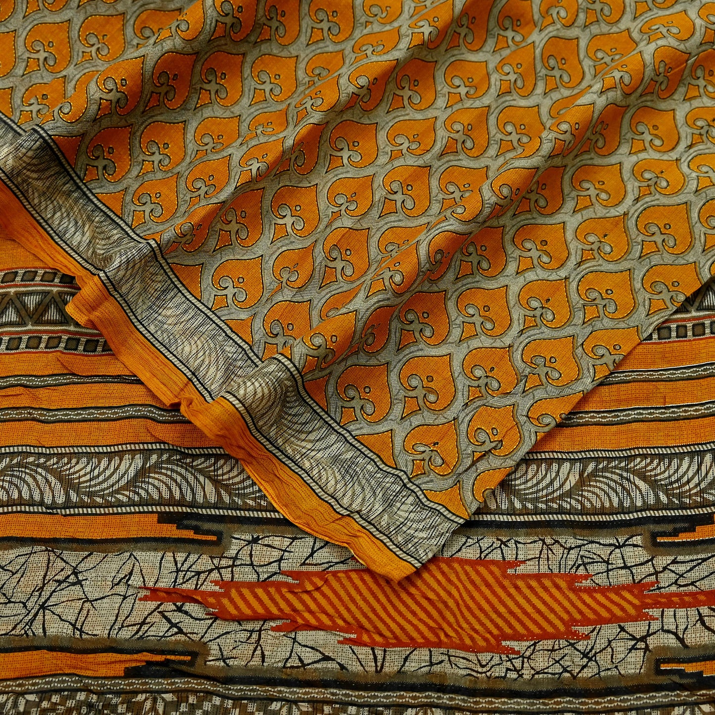 Indian Vintage Brown & Saffron Saree Printed Pure Cotton Indian Sari Craft Fabric 5Yd Soft Sewing Sarong Wrap Boho Floral Dress making