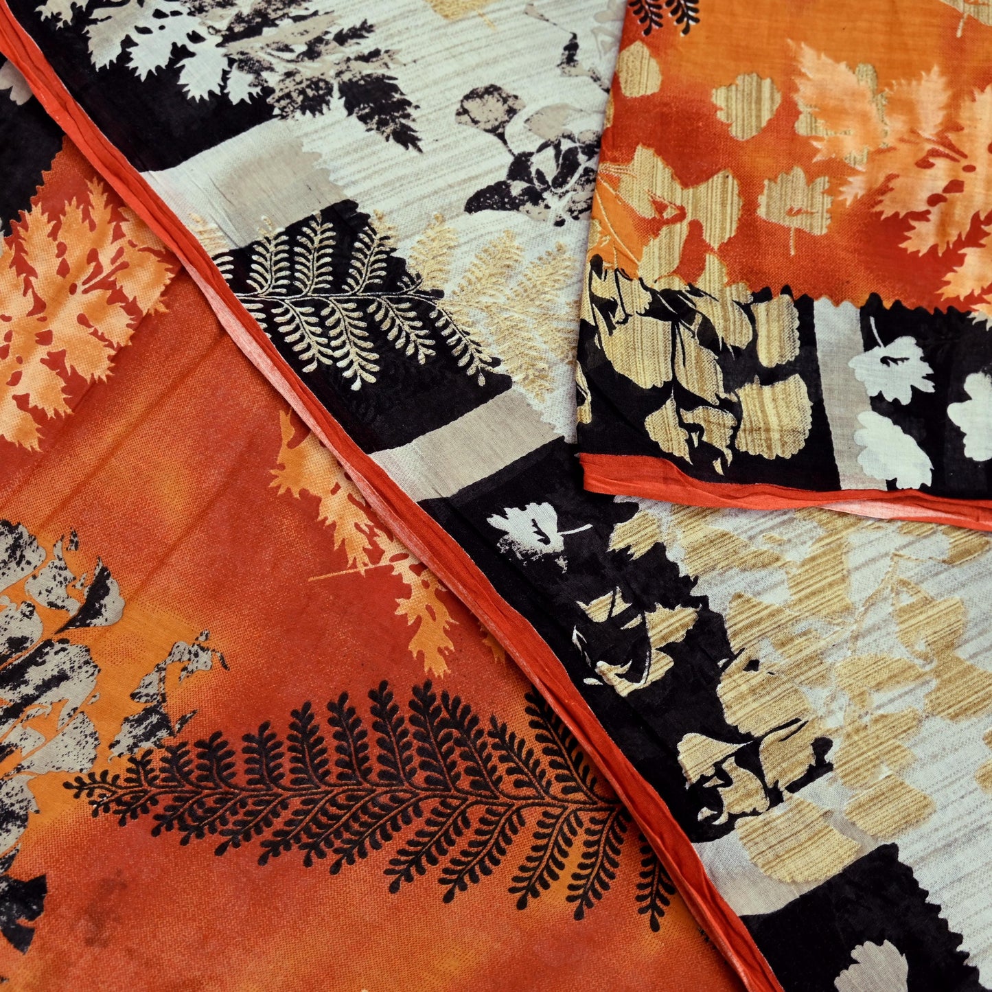 Indian Vintage Orange & Cream Saree Printed Pure Cotton Sari Craft Fabric Soft 5Yd Sewing Sarong Wrap Boho Dress making Quilting Upcycle