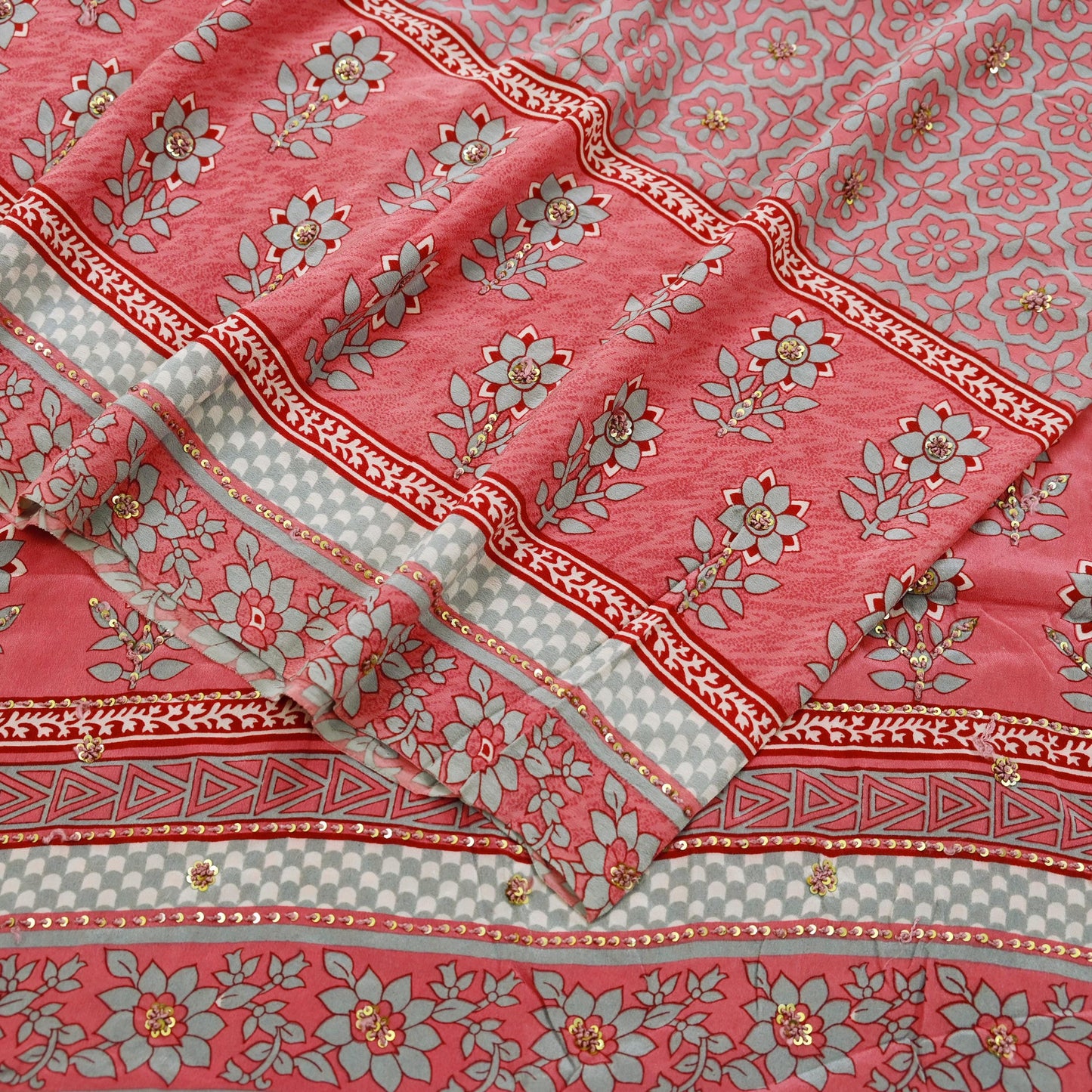 Indian Vintage Sari Pink & Gray Pure Crepe Silk Hand Embroidered Saree 5yard Sewing Floral Craft Sequins Dress making Crafting Quilting