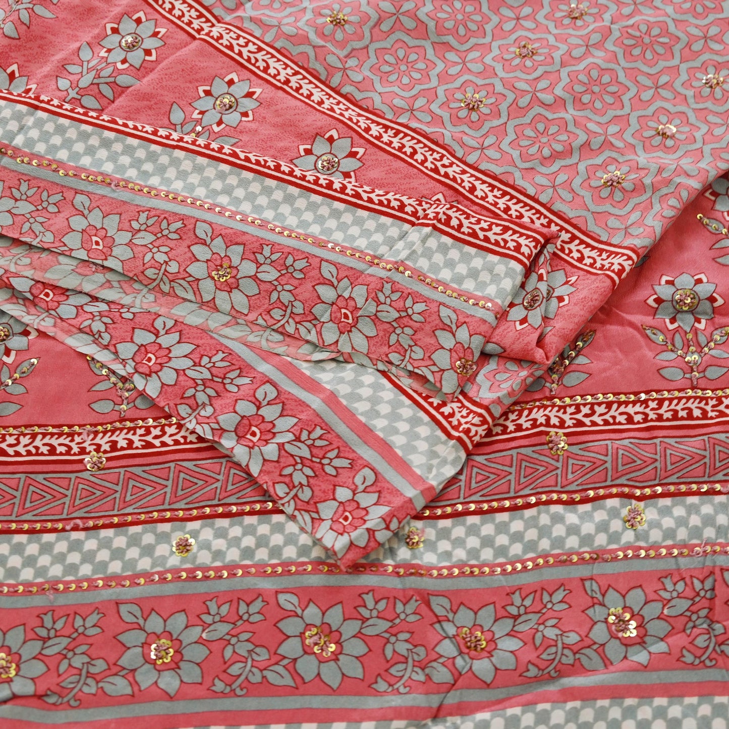 Indian Vintage Sari Pink & Gray Pure Crepe Silk Hand Embroidered Saree 5yard Sewing Floral Craft Sequins Dress making Crafting Quilting