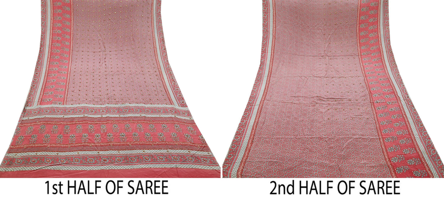 Indian Vintage Sari Pink & Gray Pure Crepe Silk Hand Embroidered Saree 5yard Sewing Floral Craft Sequins Dress making Crafting Quilting