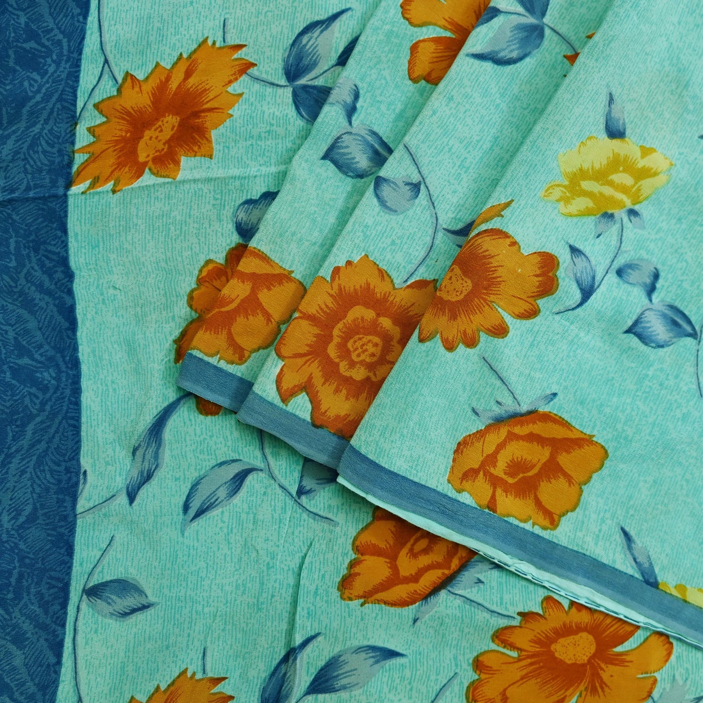Indian Vintage Sari Blue & Green Pure Crepe Silk Printed Saree 5yd Sewing Floral Soft Craft Fabric Wrap Dress making Crafting Quilting
