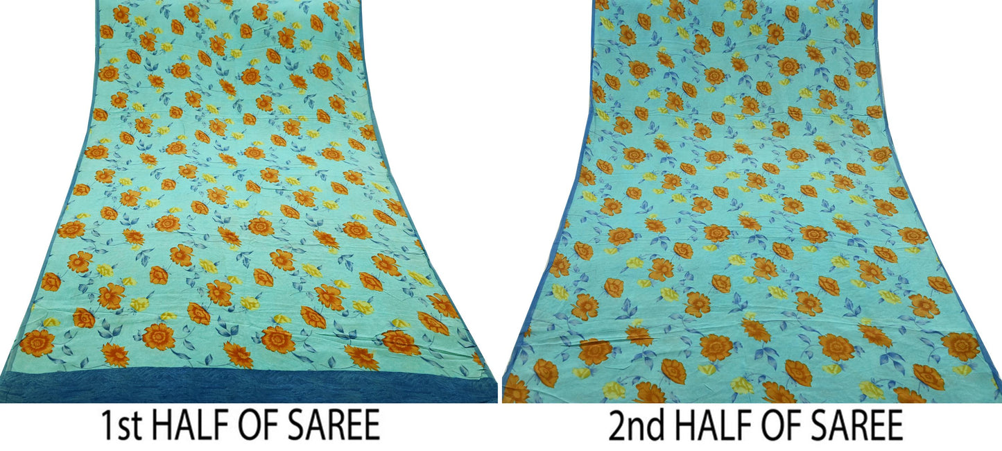 Indian Vintage Sari Blue & Green Pure Crepe Silk Printed Saree 5yd Sewing Floral Soft Craft Fabric Wrap Dress making Crafting Quilting