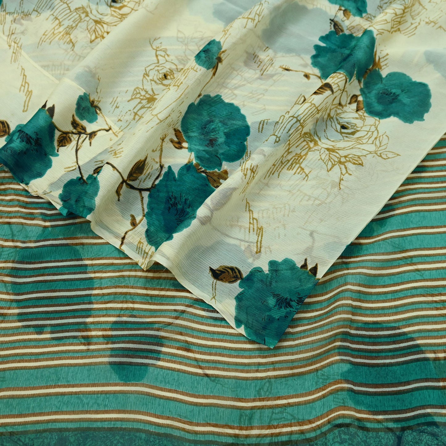 Indian Vintage Sari Green & Ivory Pure Chiffon Silk Printed Sarees 5Yd Craft Fabric Sewing Soft Light Sari Dress Making Upcycle Quilting