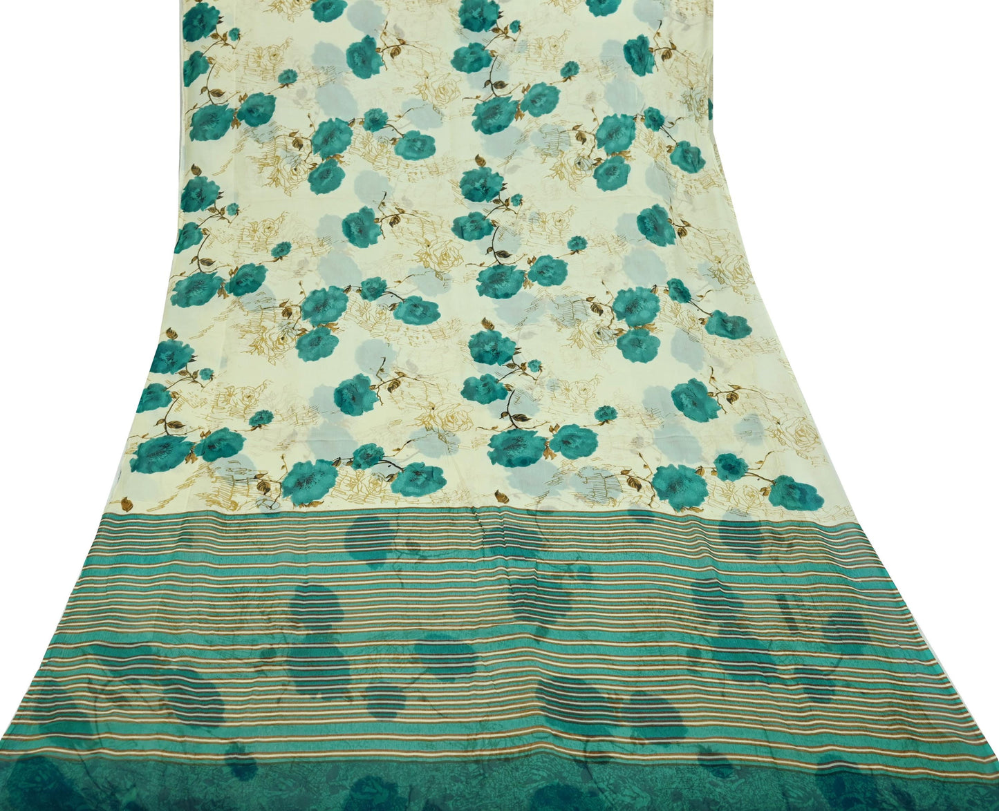 Indian Vintage Sari Green & Ivory Pure Chiffon Silk Printed Sarees 5Yd Craft Fabric Sewing Soft Light Sari Dress Making Upcycle Quilting