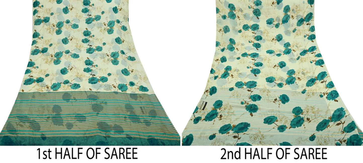 Indian Vintage Sari Green & Ivory Pure Chiffon Silk Printed Sarees 5Yd Craft Fabric Sewing Soft Light Sari Dress Making Upcycle Quilting