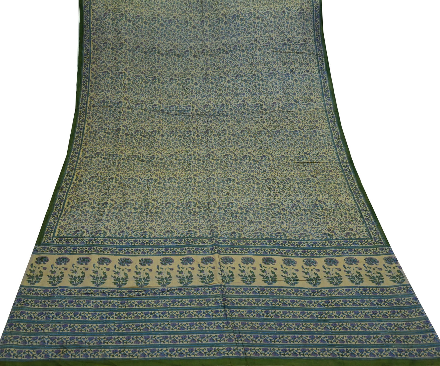 Indian Vintage Sari Beige 100% Pure Silk Block Printed Sarees Craft Fabric 5yd Sewing Dress Making Soft Floral Crafting Quilting