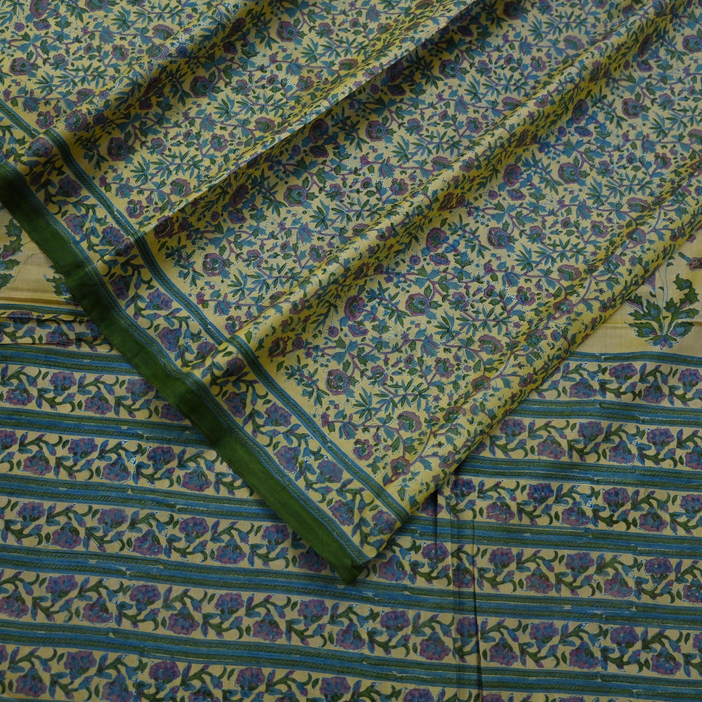 Indian Vintage Sari Beige 100% Pure Silk Block Printed Sarees Craft Fabric 5yd Sewing Dress Making Soft Floral Crafting Quilting