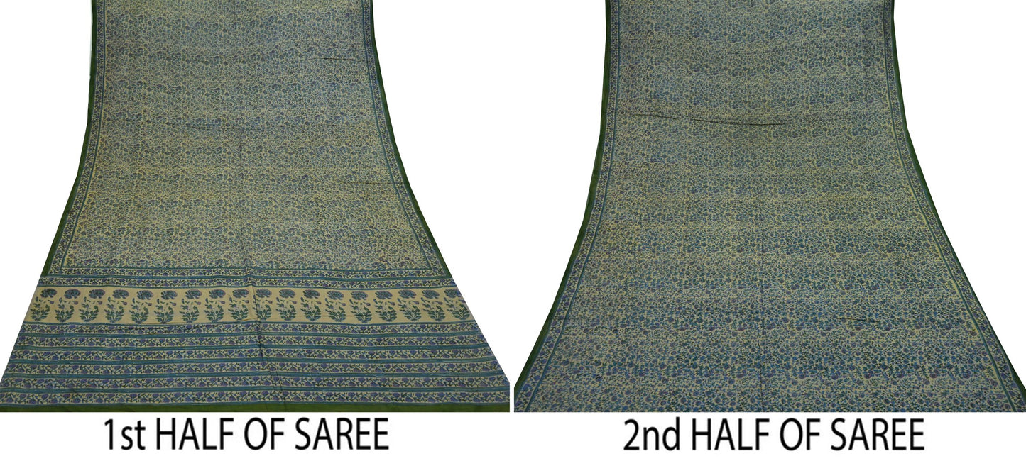 Indian Vintage Sari Beige 100% Pure Silk Block Printed Sarees Craft Fabric 5yd Sewing Dress Making Soft Floral Crafting Quilting