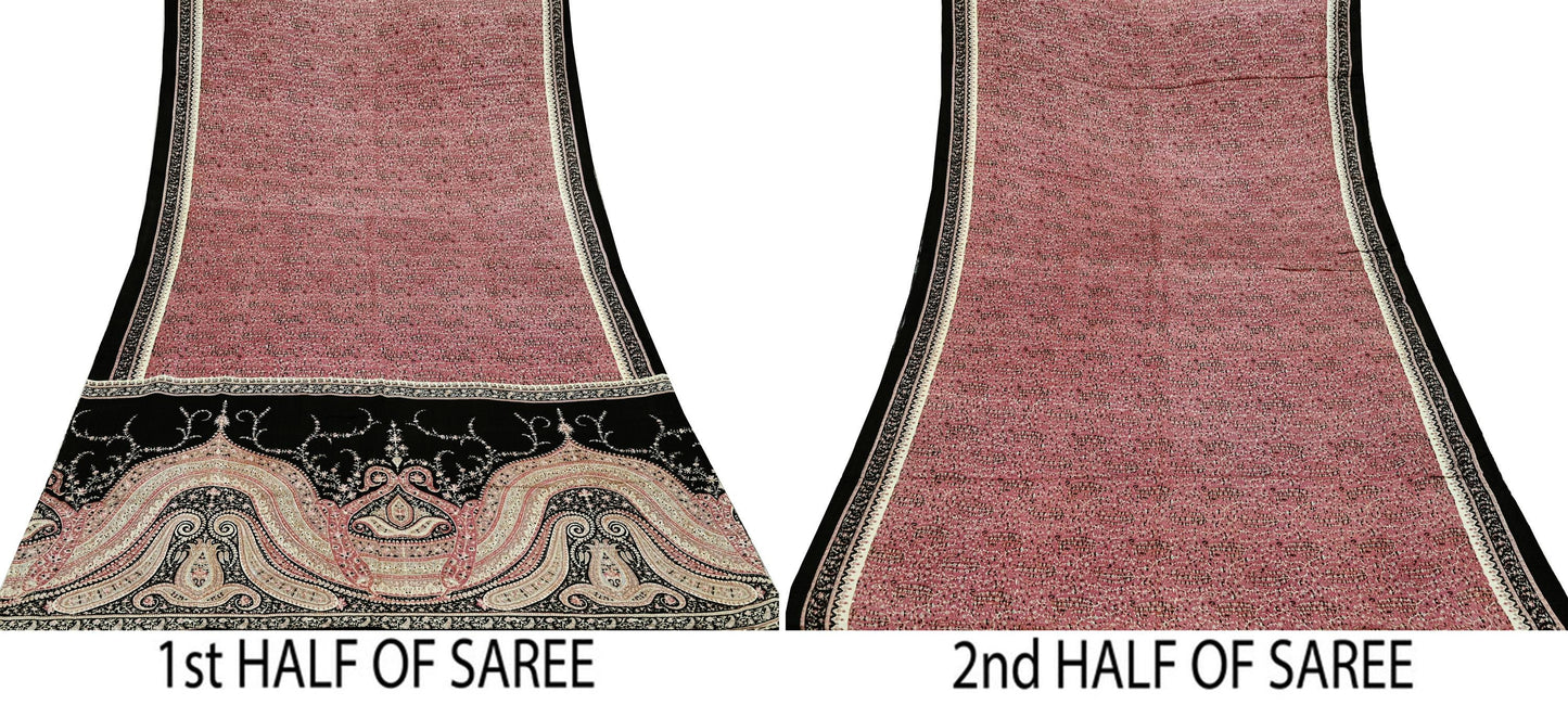Indian Vintage Sari Pink & Black Printed Pure Silk Sarees 5yd Sewing Craft Fabric Floral Dress Making Soft Quilting Crafting Upcycle Used