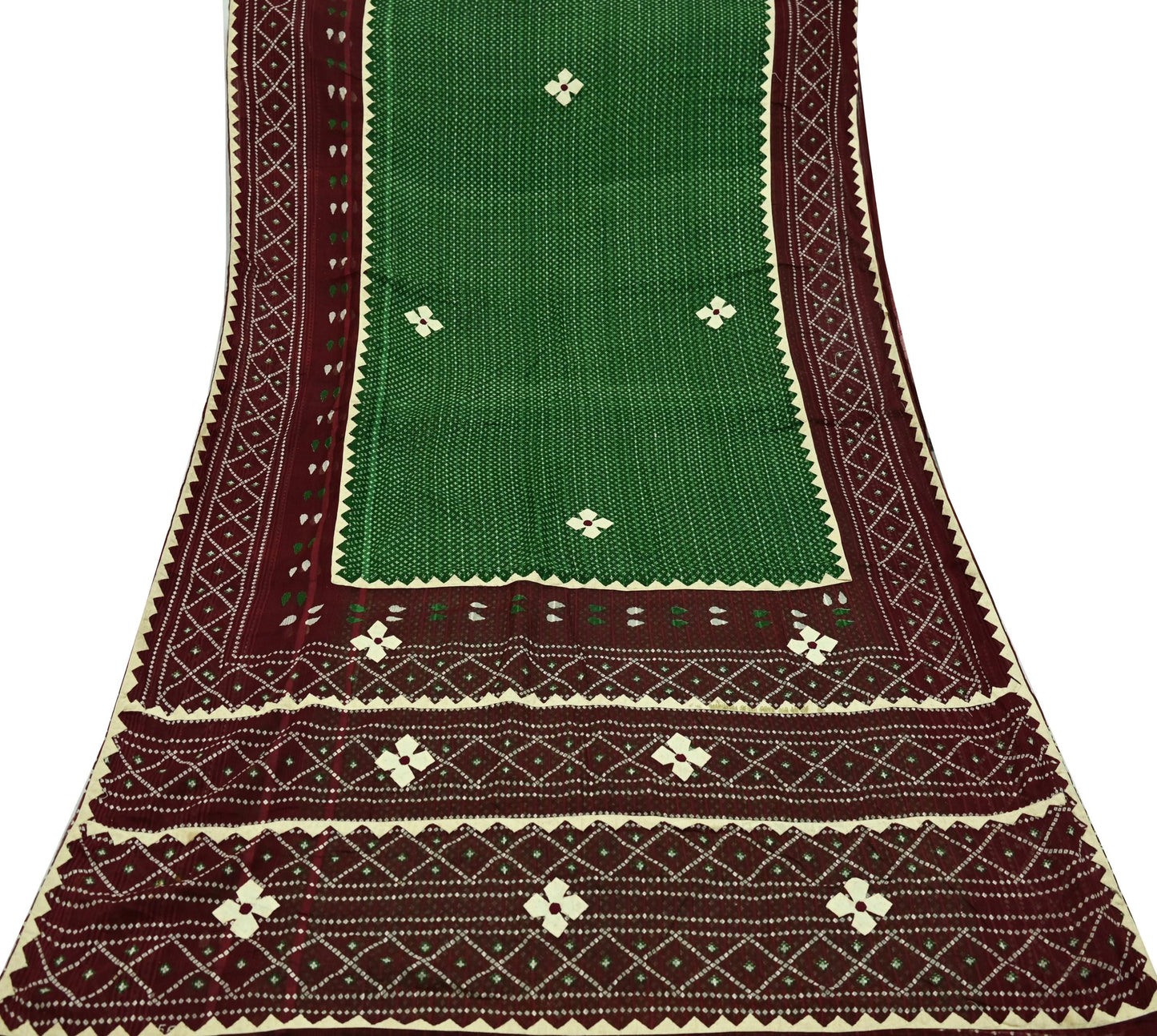 Indian Vintage Green & Maroon Saree Printed Pure Cotton Sari Craft Fabric 5Yd Soft Sewing Sarong Wrap Boho Floral Dress making Crafting