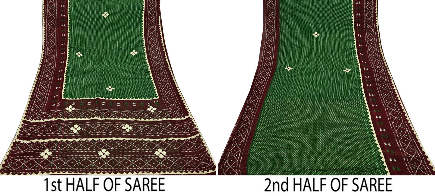 Indian Vintage Green & Maroon Saree Printed Pure Cotton Sari Craft Fabric 5Yd Soft Sewing Sarong Wrap Boho Floral Dress making Crafting