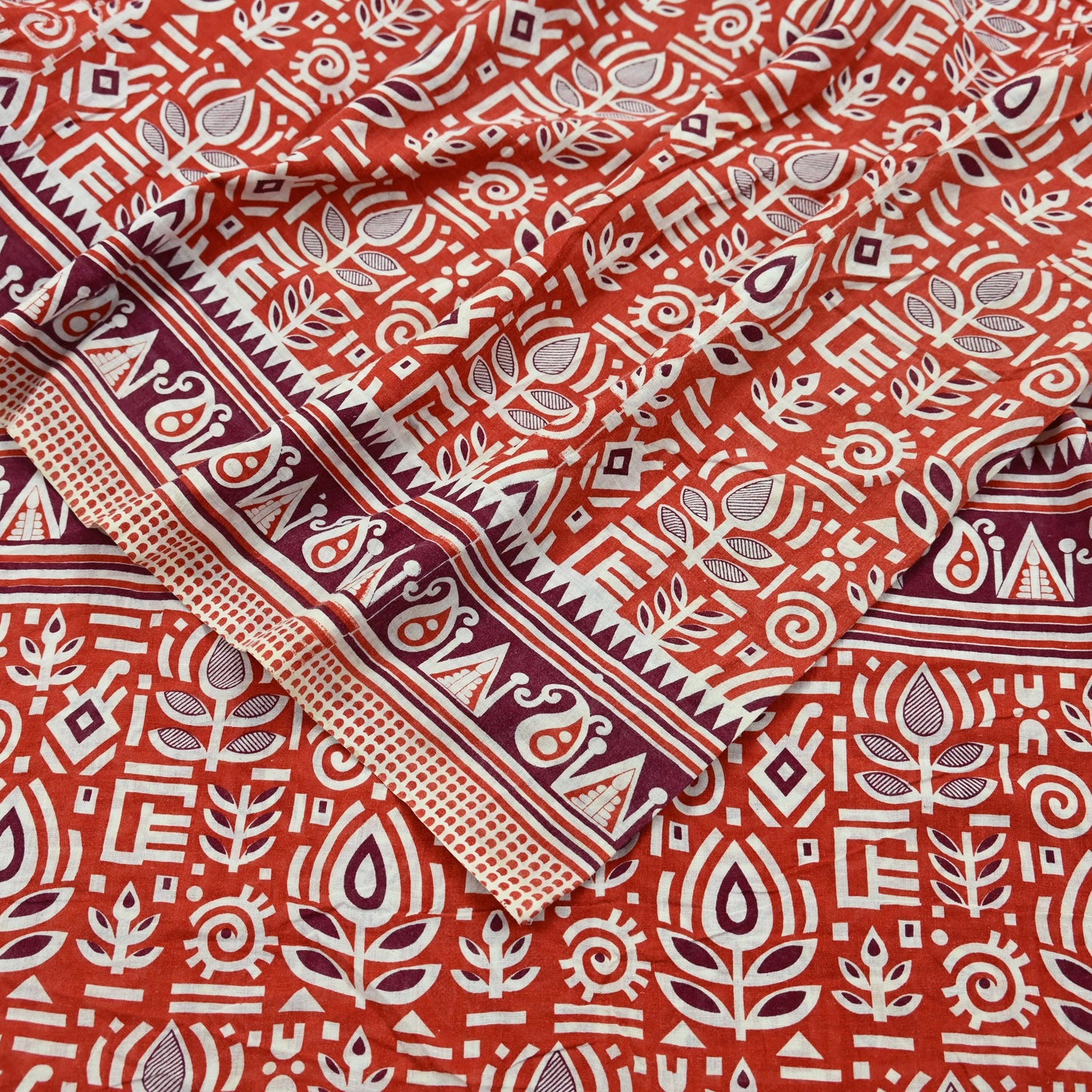 Indian Vintage Sari Orange Printed 100% Pure Cotton Sarees Craft Fabric Soft 5Yd Sewing Sarong Wrap Boho Dress making Quilting Crafting