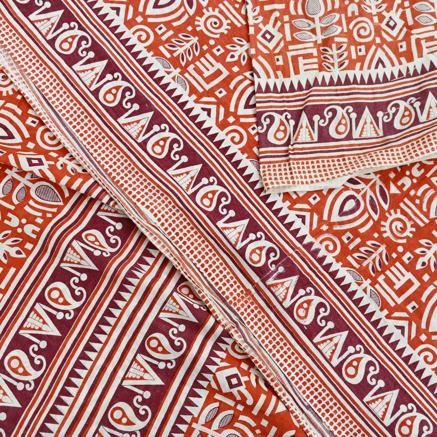 Indian Vintage Sari Orange Printed 100% Pure Cotton Sarees Craft Fabric Soft 5Yd Sewing Sarong Wrap Boho Dress making Quilting Crafting