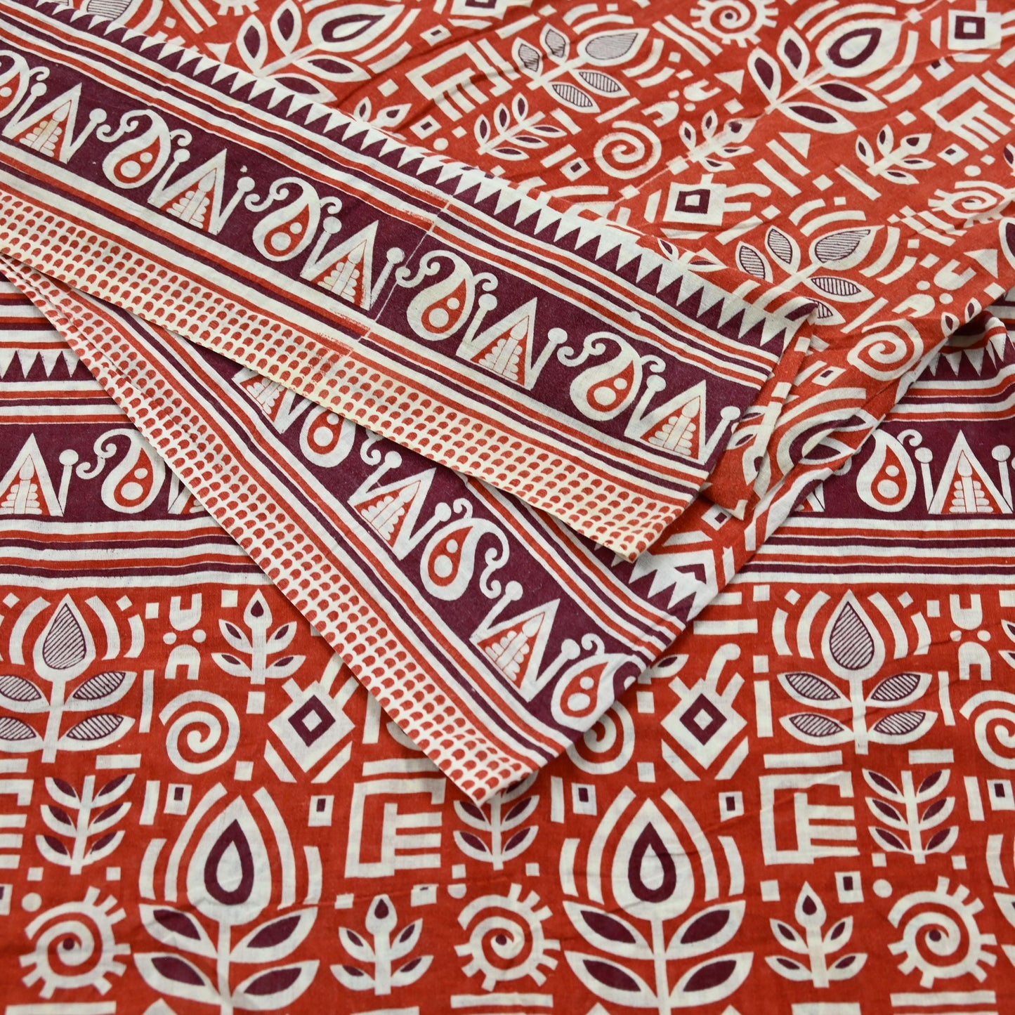 Indian Vintage Sari Orange Printed 100% Pure Cotton Sarees Craft Fabric Soft 5Yd Sewing Sarong Wrap Boho Dress making Quilting Crafting