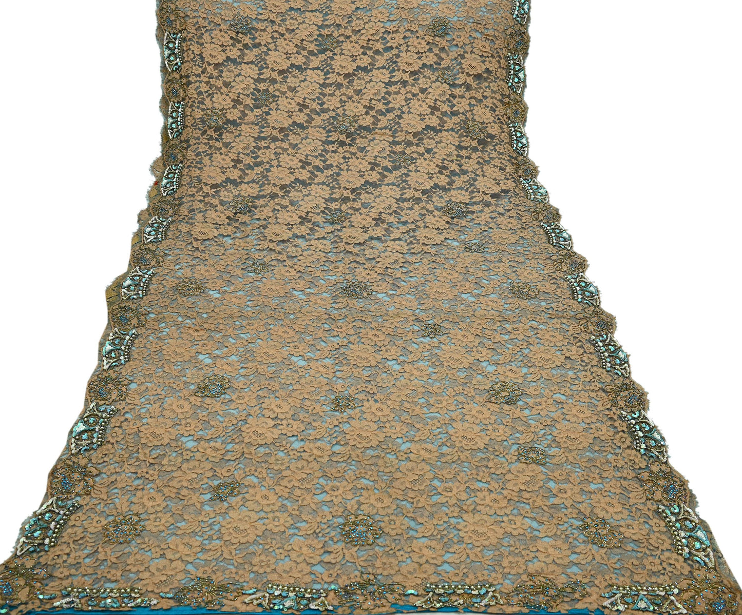 Indian Vintage Heavy Sari Beige & Blue Net/Mesh Hand Embroidered Saree Craft Fabric Floral 5Yd Dress making Crafting Quilting Party Wear