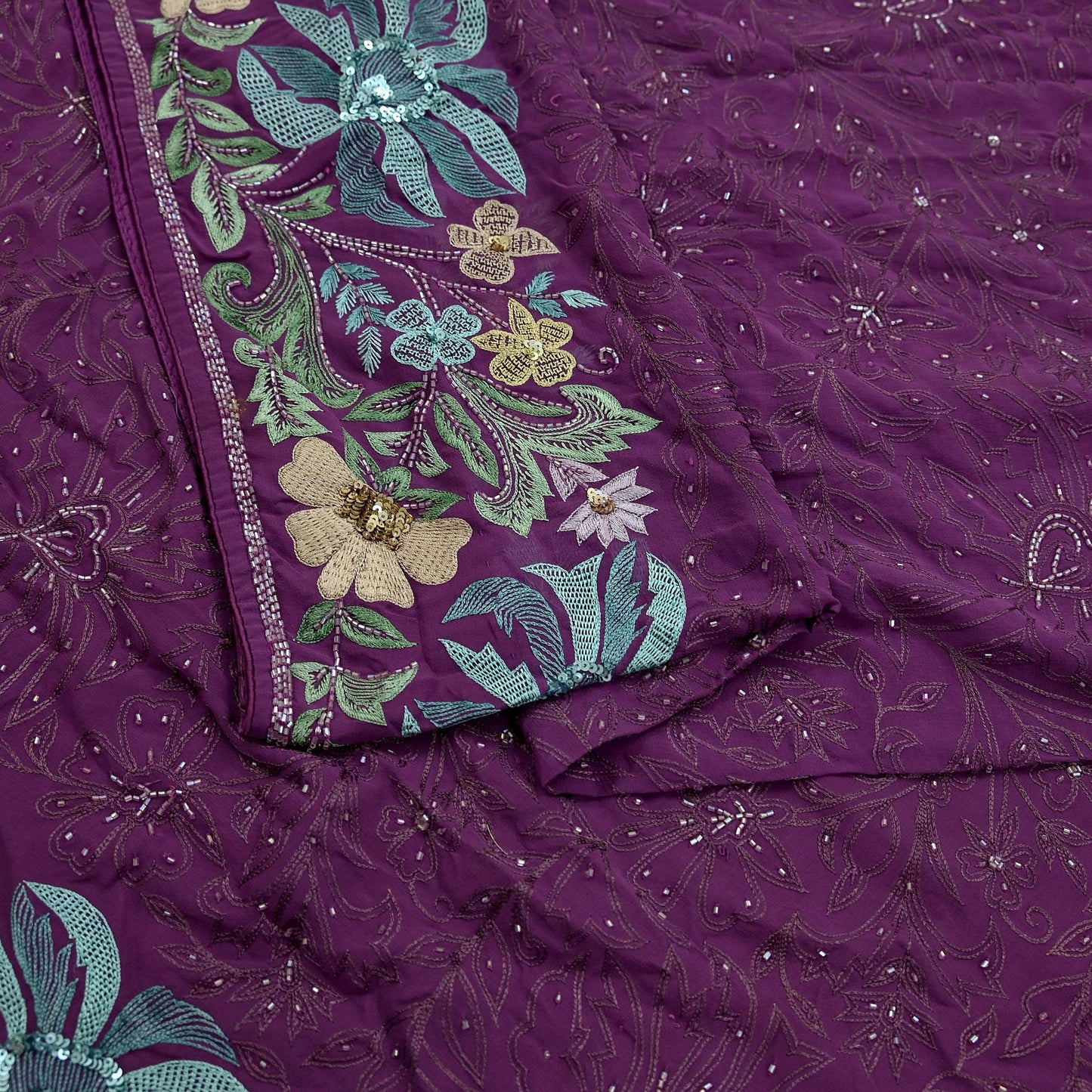 Indian Vintage Purple Saree Pure Georgette Silk Hand Beaded Sari Fabric 5Yd Sewing Soft Ethnic Dress making Crafting Bollywood Party Wear