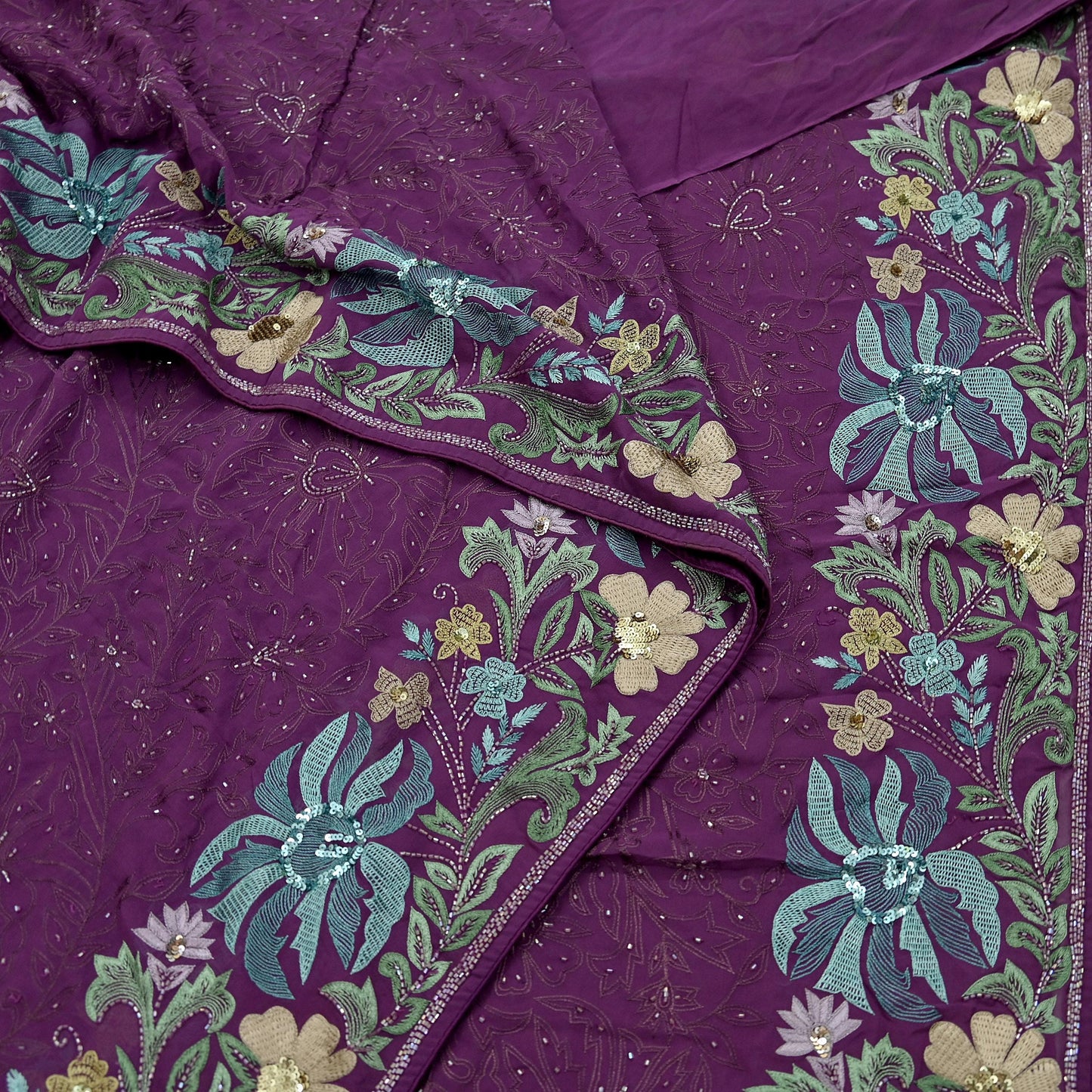 Indian Vintage Purple Saree Pure Georgette Silk Hand Beaded Sari Fabric 5Yd Sewing Soft Ethnic Dress making Crafting Bollywood Party Wear