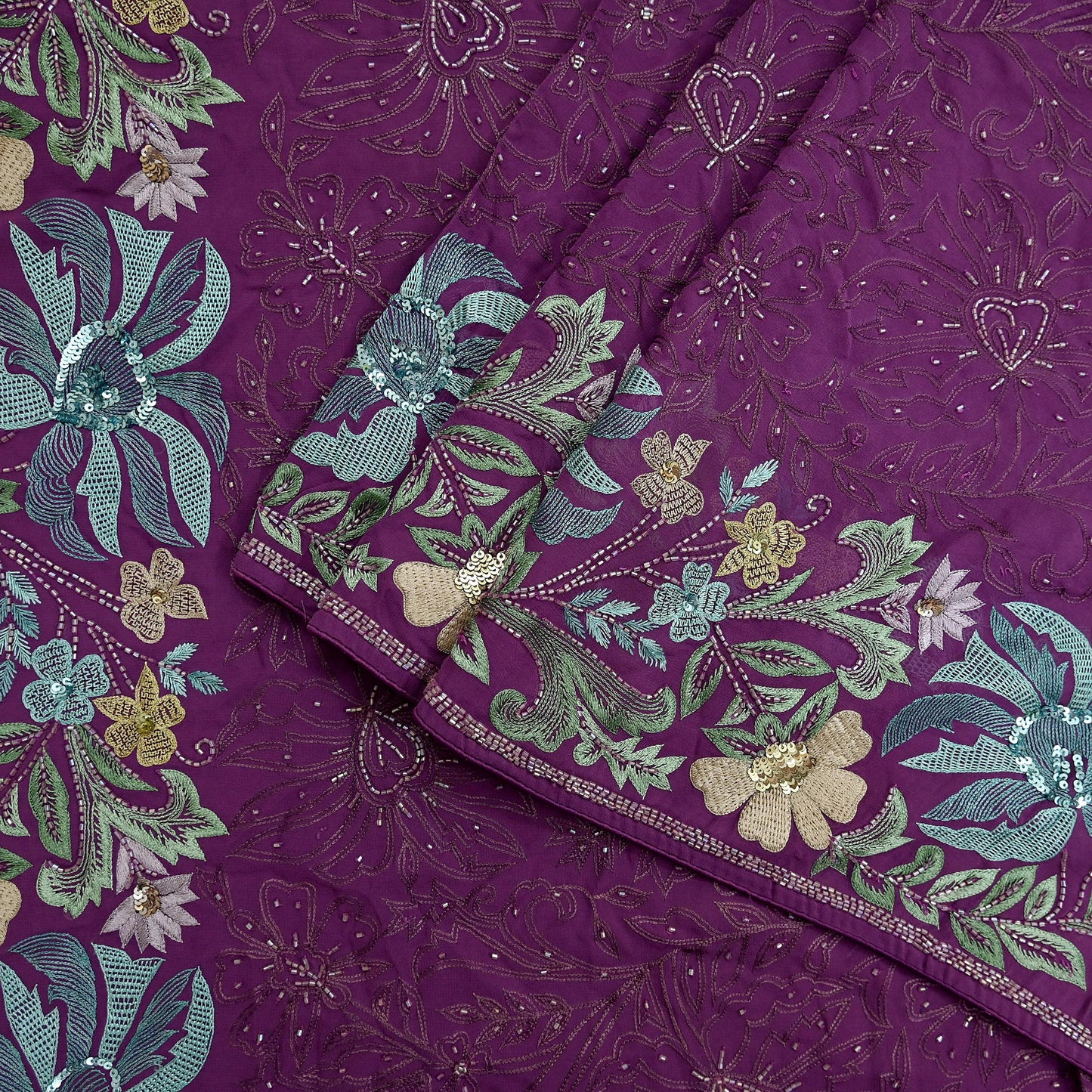 Indian Vintage Purple Saree Pure Georgette Silk Hand Beaded Sari Fabric 5Yd Sewing Soft Ethnic Dress making Crafting Bollywood Party Wear