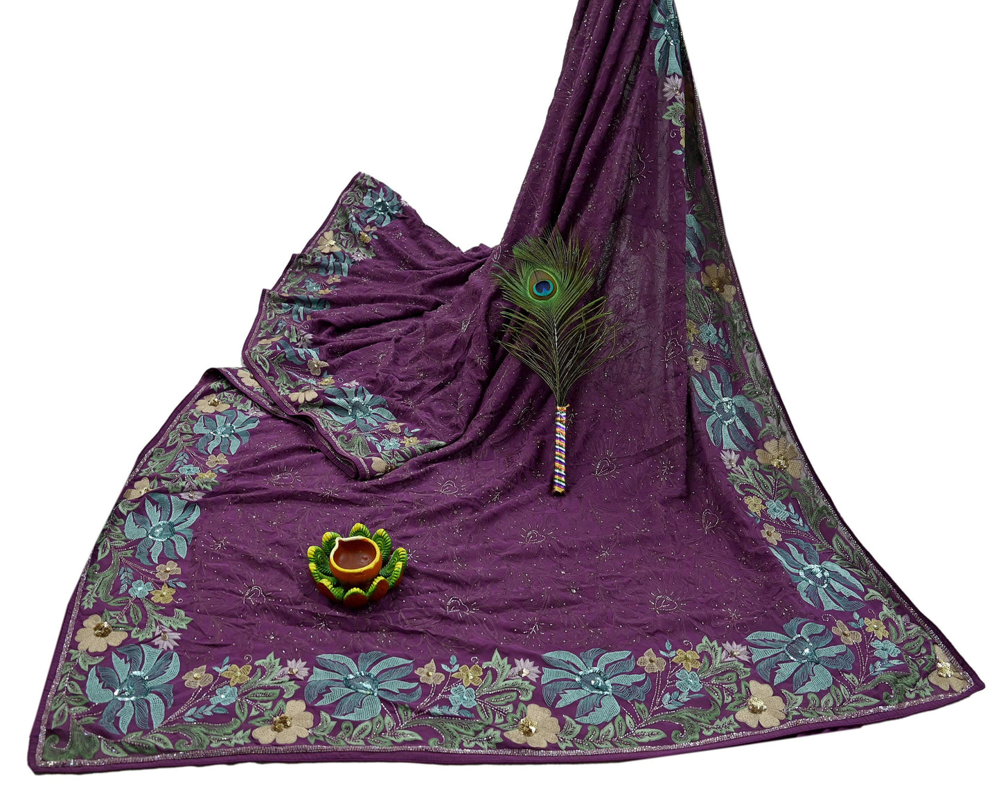 Indian Vintage Purple Saree Pure Georgette Silk Hand Beaded Sari Fabric 5Yd Sewing Soft Ethnic Dress making Crafting Bollywood Party Wear