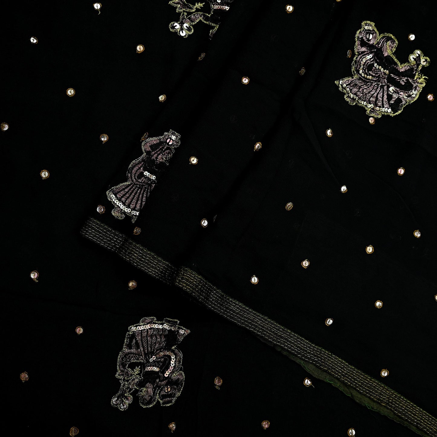 Indian Vintage Heavy Sari Black Pure Georgette Silk Hand Beaded Sarees Craft Fabric 5Yd Sewing Soft Ethnic Wedding Heavy Sarees Dress making