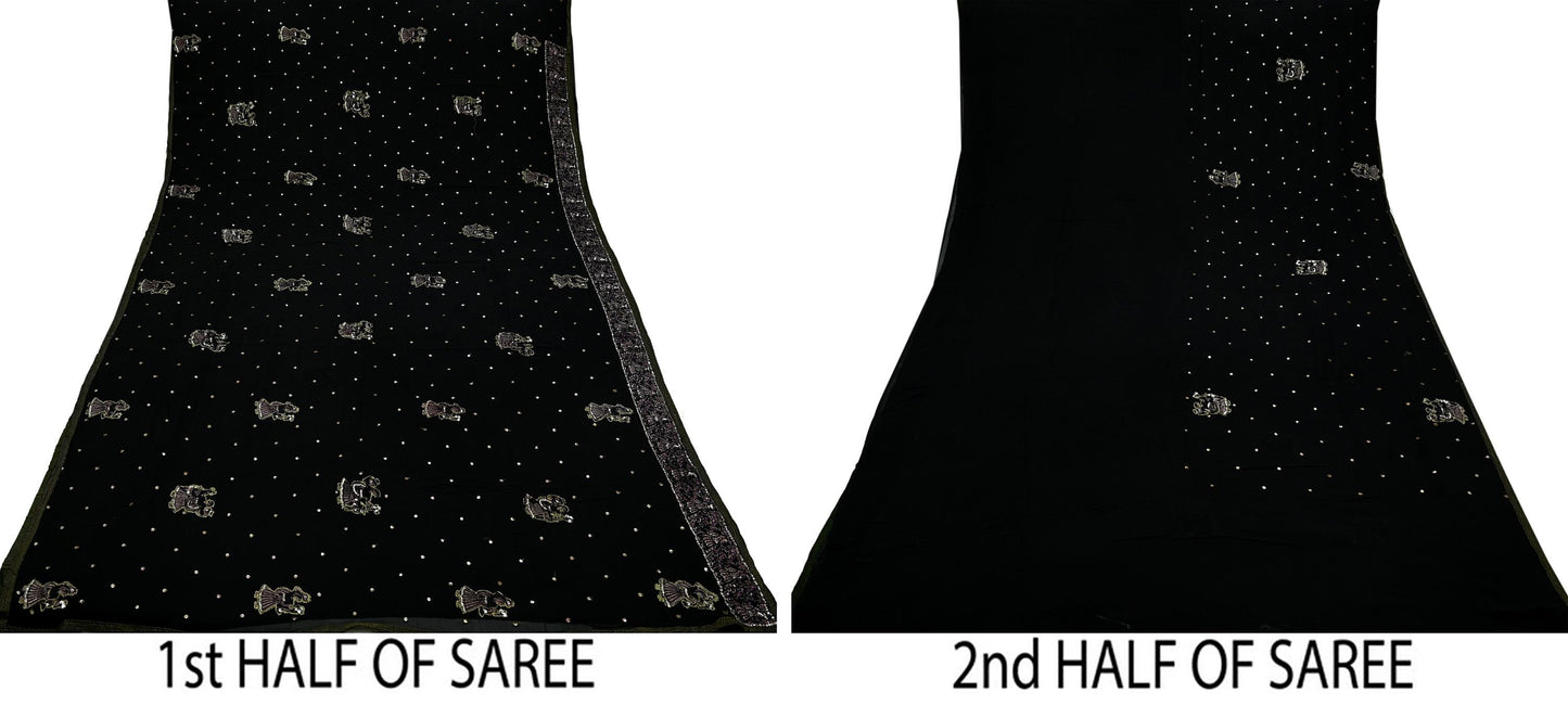 Indian Vintage Heavy Sari Black Pure Georgette Silk Hand Beaded Sarees Craft Fabric 5Yd Sewing Soft Ethnic Wedding Heavy Sarees Dress making