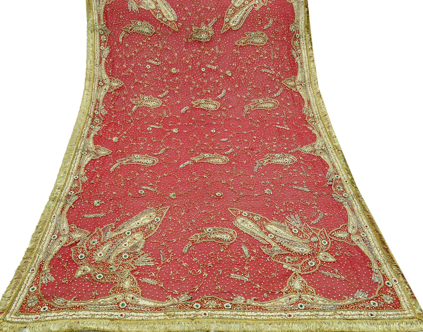 Indian Vintage Heavy Bridal Red Dupatta Pure Chiffon Silk Long Stole Hand Embroidered Scarf Zardozi/Dabka Zari Sequins Wedding Veil Hijab