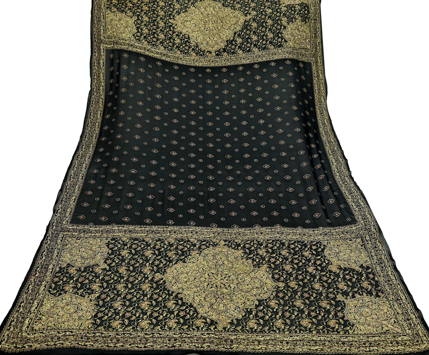 Indian Vintage Heavy Black Dupatta Pure Georgette Silk Long Stole Hand Embroidered Designer By Ritu Kumar Scarves Scarf Zari Zardozi