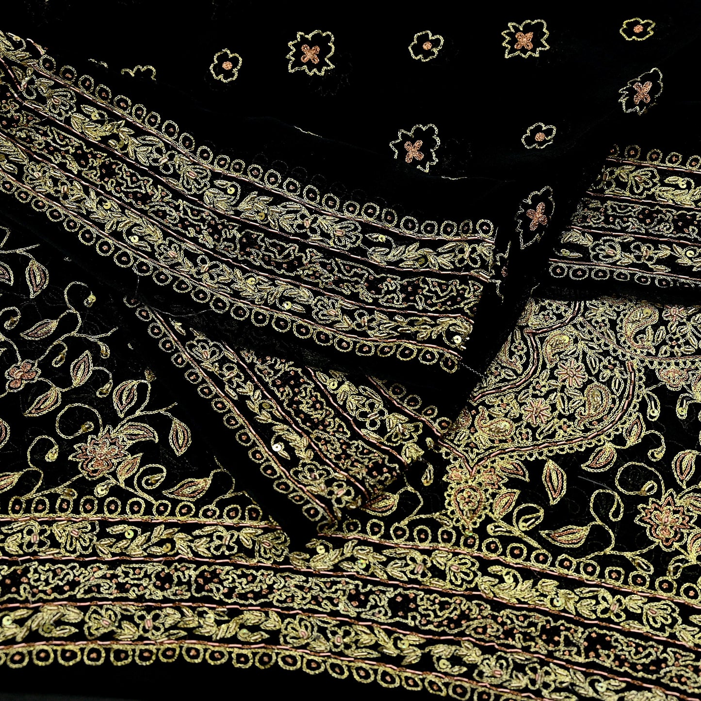Indian Vintage Heavy Black Dupatta Pure Georgette Silk Long Stole Hand Embroidered Designer By Ritu Kumar Scarves Scarf Zari Zardozi