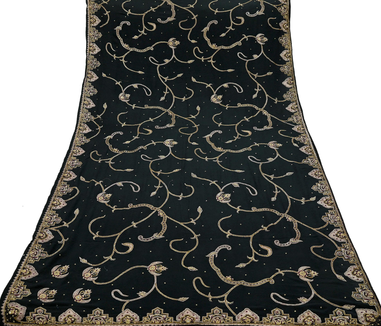 Indian Vintage Heavy Black Dupatta Pure Crepe Silk Long Stole Hand Embroidered Scarves Dabka Zardozi Zari Stole