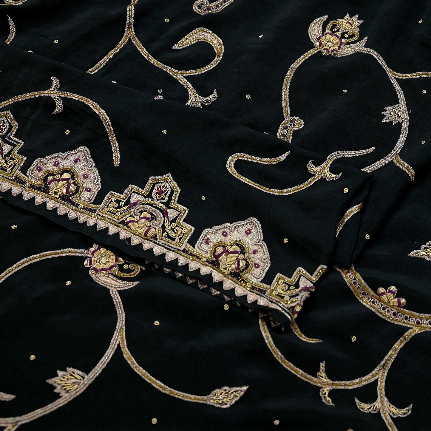 Indian Vintage Heavy Black Dupatta Pure Crepe Silk Long Stole Hand Embroidered Scarves Dabka Zardozi Zari Stole