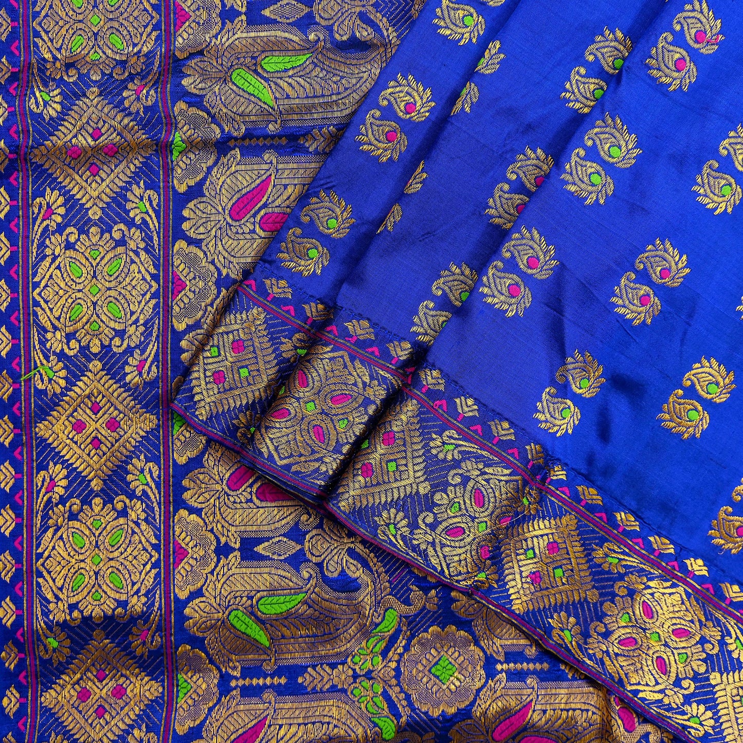 Indian Antique Vintage Heavy Blue Dupatta Pure Silk Long Stole Hand Woven Assam Scarves Veil Scarf Zari Fringes