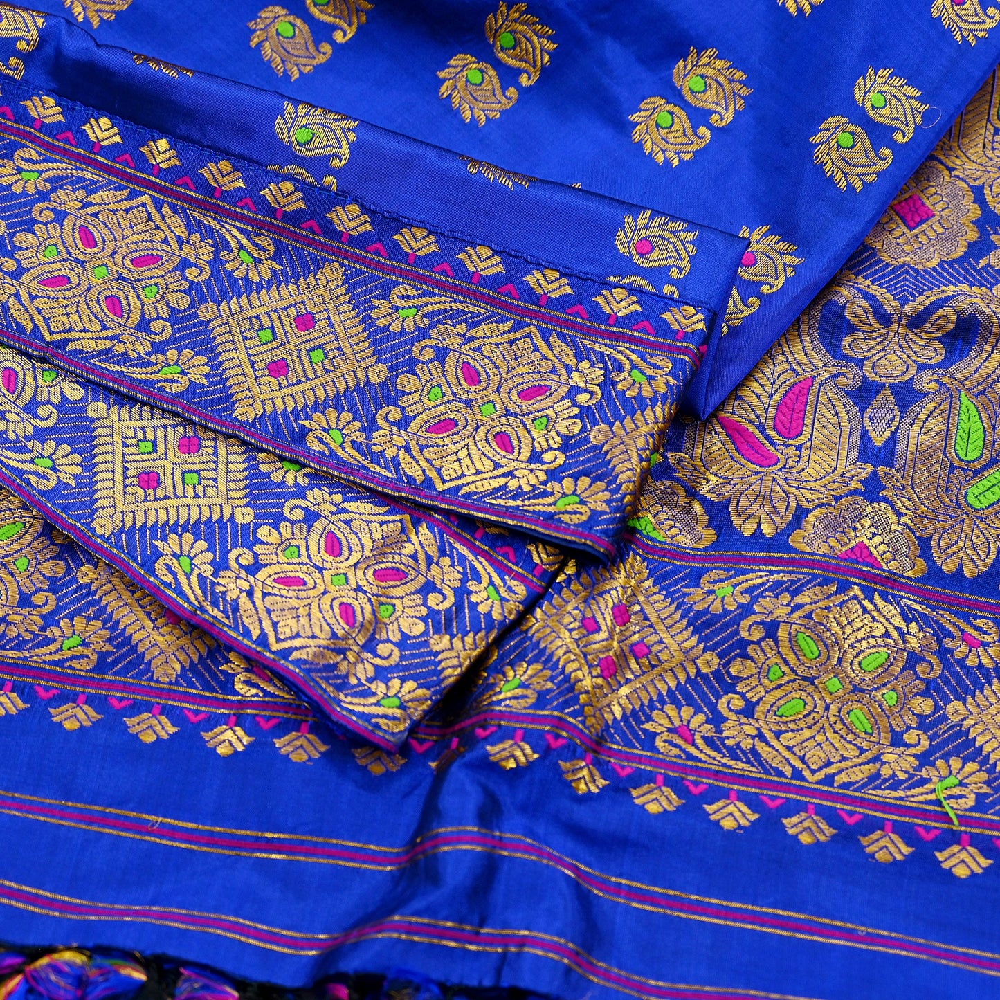 Indian Antique Vintage Heavy Blue Dupatta Pure Silk Long Stole Hand Woven Assam Scarves Veil Scarf Zari Fringes